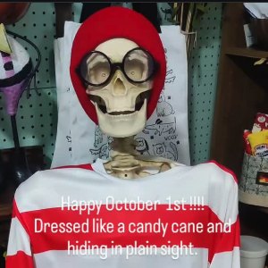 Skeleton dressed as Waldo in a red beanie, round glasses and a red and white striped shirt